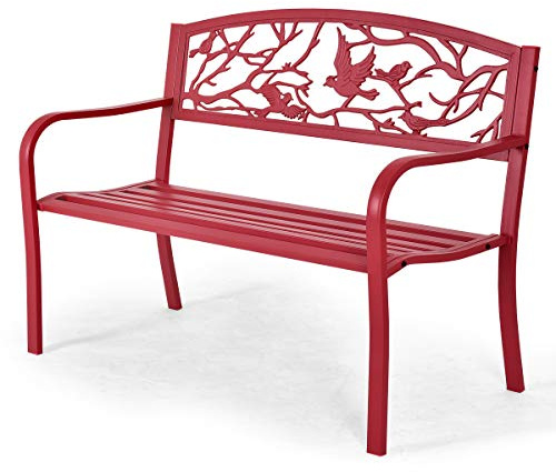 DREAMADE Banc de Jardin 2 Place en Acier et Fonte avec Style Rétro, Dossier avec Motif d’Oiseau et de Branche d’Arbre, Charge Maximale 280KG, pour Parc,Terrasse,Balcon, Rouge