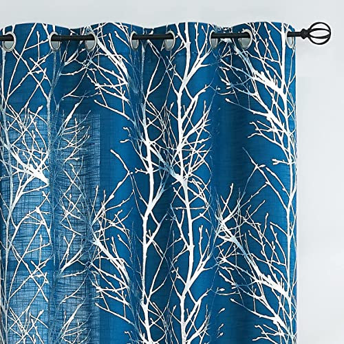 FMFUNCTEX Blau Silber Voile Vorhänge Transparente Metallic Zweige Muster Gardinen für Wohnzimmer Leinenoptik Vorhang Halbtransparente Modern Ösenschals für Schlafzimmer 2er Set, 245 x 127 cm (H x B)