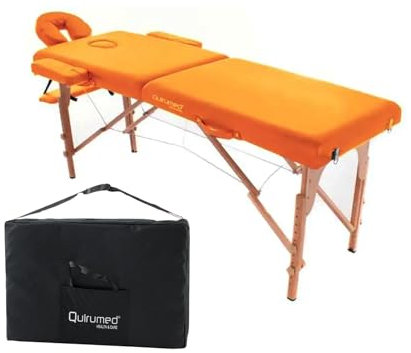 QUIRUMED Camilla Plegable Masaje de Madera Easy, Color Naranja, 194 x 70 cm, Mesa de Masaje, Masaje Fisioterapia, Polipiel, Cabezal articulado, Altura Regulable, 2 cuerpos, hasta 150 kg