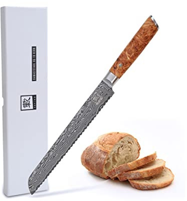 zayiko Kinone Brotmesser – 23 cm Wellenschliff-Klinge, 67 Lagen Damaststahl mit VG10 Kern, Härtegrad 60±2 HRC, ergonomischer Griff aus Birkenwurzelholz, inklusive Geschenkbox, für Brot und Brötchen