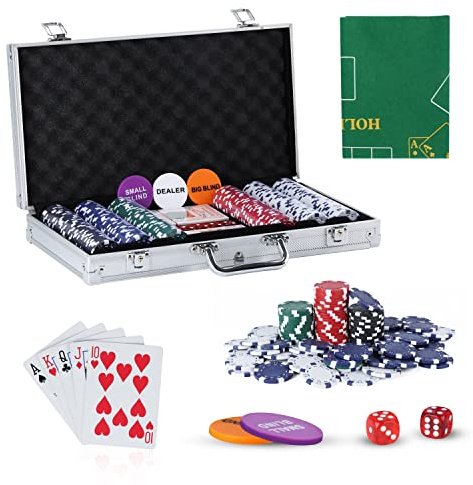 EPROSMIN Texas Holdem Poker Set, 300 Piece Set in Aluminium Case with 11.5g Heavyweight Chips, 1 double-sided reversible Flet Mat, 2 Decks Playing Cards, 5 Dice, Dealer, Big Small Blind Button