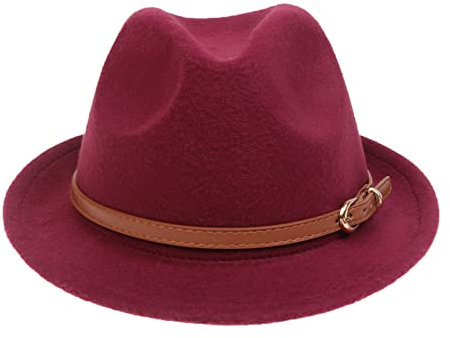 NiceYnn Women Men Wool Panama Hat Curl Brim Jazz Fedoras Gangster Trilby Derby Party Church Hat, Homburg 1920S Vintage Manhattan Felt Cap Burgundy & Belt