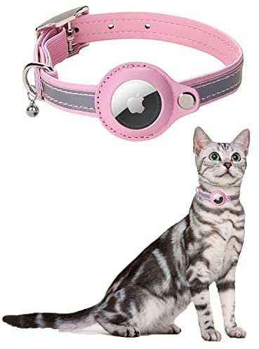 KOCNYDEY Leder reflektierende AirTag Katze Halsband, Anti-Lost Katze Halsband mit Einstellbarer Halterung & Bell integriert Apple Air Tag Katzenhalsband für Katzen kleine Hunde (Rosa)