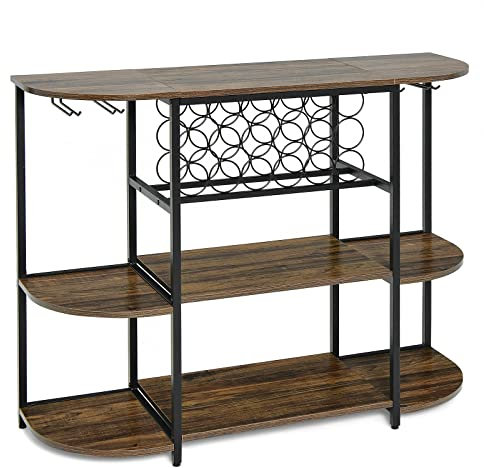 COSTWAY Wine Bar Cabinet, 3 Tier Storage Sideboard with Wine Racks, Glasses Holders, Adjustable Footpads & Anti-toppling Device, Freestanding Storage Stand for Kitchen Dining Room (Rustic Brown)