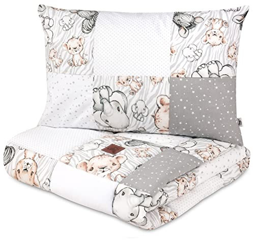 Pepi - Patchwork Baby Bettdecke und Kissen - Baby Decke und Kissen Set - Kinderbettdecke - Bettdecke 100x140 - Kissenbezug 40x60 cm - Baby Bettwäsche - Babybett Set - Baumwolle (Safari)
