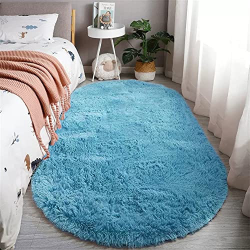 Reyox Teppich Oval Hochflor Shaggy rutschfest Pflegeleicht, Flauschig Weich Langflor Teppich für Wohnzimmer Schlafzimmer Bettvorleger Hellblau 60 x 120 cm