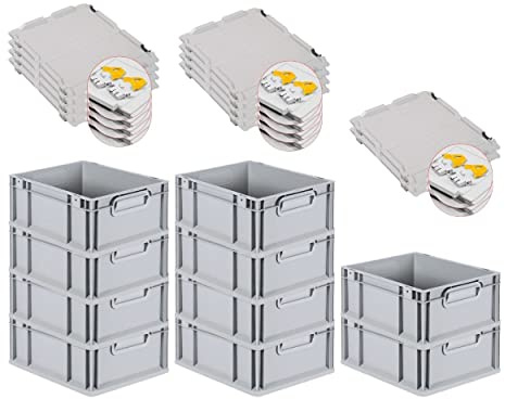 PROREGAL SuperSparSet 10x Eurobox NextGen Grip mit Scharnierdeckel und gelben Schiebeschnappverschlüssen, HxBxT 17x30x40cm, 16 L, Grau, Griffe geschlossen, Eurobehälter, Transportbox