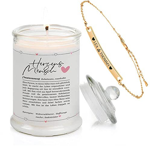 Himmelsflüsterer - Schmuckkerze Nr.1 Definition als Personalisierte Geschenke für Frauen - Groß | inkl Armband mit Gravur | Duft: Vanille | 100% Sojawachs | 100h lange Brenndauer | 400g Wachs