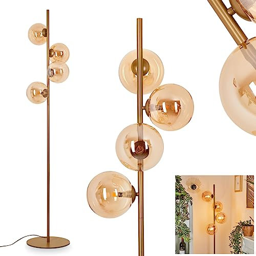 Stehleuchte Remaisnil, moderne Stehlampe aus Metall/Glas in Messingfarben/Champagnerfarben, Leuchte im Retro/Vintage-Design mit Fußsschalter am Kabel, Höhe 160 cm, 4 x G9, ohne Leuchtmittel