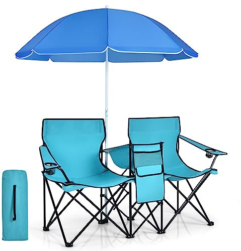 GIANTEX Juego de 2 Sillas de Camping Plegables con Sombrilla, Sillas de Pesca para 2 Plazas con Portavasos y Bolsa Nevera, para 2 Personas, con Bolsa de Transporte (Turquesa)