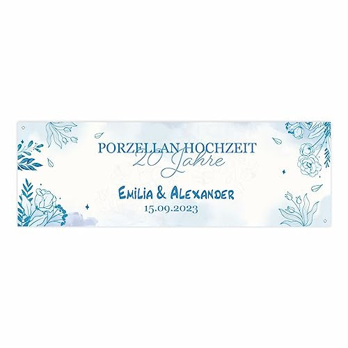 Personalisiertes Banner zur Hochzeit Blaue Blumen mit Namen, Datum und Wunschtext - Hochzeitsbanner, Porzellan Hochzeit -Dekoration - Jubiläumsbanner - 150x50cm oder 225x75cm