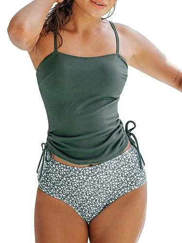 CUPSHE Maillot de bain tankini deux pièces pour femme avec cordon de serrage froncé et contrôle du ventre avec bas taille haute côtelé, Motif floral vert, M