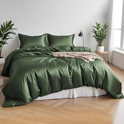 LINENWALAS 100% Organic Bamboo Complete Core Bedding Set for Double Size Bed 4 Pcs, Soft Cooling Bamboo Silk Bedding Set, 1 Duvet Cover, 1 Fitted Sheet & 2 Pillowcases (Double, Avocado Green)