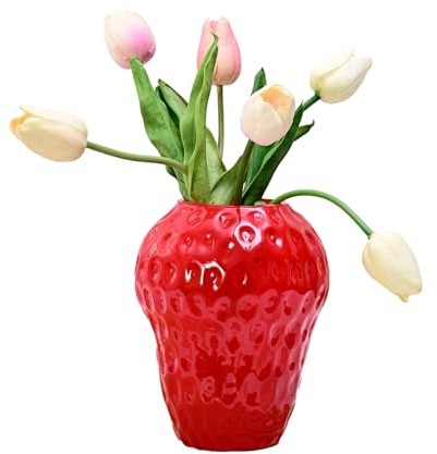 Erdbeervase für Blumen, Erdbeer-Keramik-Blumenvase, Vintage-Vase in Obstform, Niedliche Erdbeer-Dekoration für Zuhause, Küche, Wohnzimmer, Büro(Rot-S)