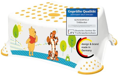 KiNDERWELT Premium Tritthocker für Kinder und Babys, Winnie Puuh Design in Weiß, Tritthocker Stufe für Kleinkinder ab 18 Monaten, abwischbar, rutschfest und BPA-frei