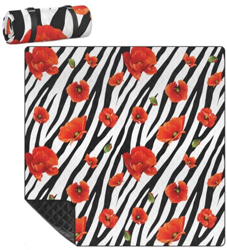 Mularoka Picknickdecke mit Mohnblumen-Zebramuster, wasserdicht, sanddicht, faltbar, Stranddecke, 200,7 x 200,7 cm, extra groß, tragbar, waschbar, Outdoor-Matte für Camping, Park, Gras, Wandern, Reisen