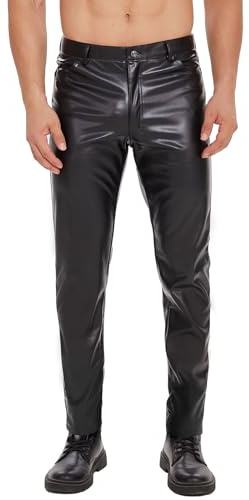 xokesy Herren Glänzende Weiche Matte Lederhose, Hochelastischem Hosen mit Reißverschluss, Slim Fit Lange Hosen, Gerade Lässige Lederhose für Herren für Kostüm Cosplay Nachtclub