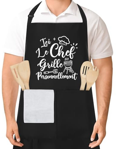 Tablier Barbecue Homme, Tablier de Cuisine pour Homme, Réglable Étanche Noir Tablier BBQ personnalisé pour Barbecue Fête, Fête des Pères, Anniversaire, Noël (Ici Le CHEF grille personnellement)