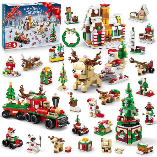 HOGOKIDS 24er Pack Weihnachten Bauset mit LED Licht – 28-in-1 Weihnachtsbaustein Spielzeug für Kinder | Weihnachtsspielset mit Weihnachtsmann Weihnachtsbaum Geschenk für Jungen Mädchen von 6-12