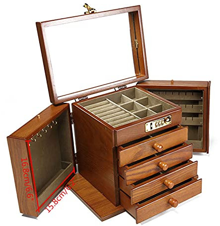 WooDerson Coffret Boîte à bijoux en bois marron à 5 étages - Serrure à mot de passe - Design sculpture - Avec miroir - Avec 4 tiroirs - Pour boucles d'oreilles, colliers, bagues