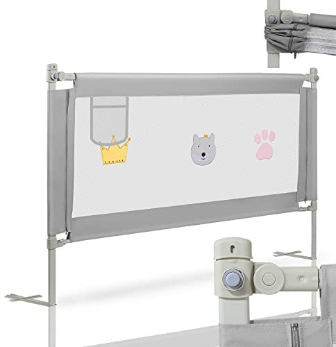 Yakimz Bettgitter Rausfallschutz 180cm, Bettschutzgitter für Kinder, Kinderbettgitter Höhenverstellbar 70-98 cm, Einfach zu Montieren, Stabile Rausfallschutz Bett für Kinder, Graue Stickerei