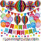 QILICZ Geburtstagsdeko set - Wiederverwendbare Party Deko, Kindergeburtstag Deko, Geburtstag Party Zubehör - Happy Birthday Girlande,Wimpelkette,Swirl,Wabenbälle, Pompons,Regenbogen,Ballons,Konfetti