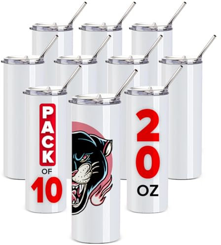Rumble Tumblez Sublimationsbecher – Skinny Tumbler aus Edelstahl – 590 ml blanko mit Deckel und Strohhalm – doppelwandige 590 ml Trinkbecher, einfach zu bedienen und perfekt zum Verschenken, 10 Stück