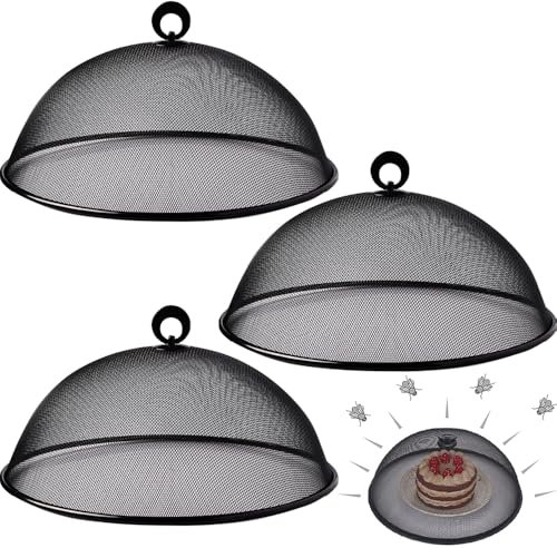 Hunphy 3 Stück Netz-Abdeckung für Lebensmittel, Fliegenhaube, Fliegenschutz Abdeckhaube, Lebensmittelabdeckung Freien, Abdeckung für Lebensmittel, mit Griff, für Küche, Picknick (Schwarz)