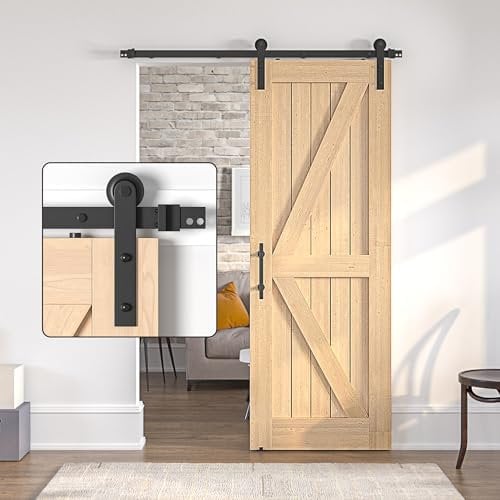 SANKEYTEW Kit de puerta corredera de 183 cm, kit de puerta corredera de madera individual, riel de puerta corredera, kit de riel de hardware para puerta de granero, sistema de riel plano de acero, kit
