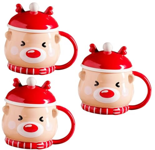 Cabilock 3 Piezas vaso de agua de alce Taza de vintage taza de agua de dibujos animados tazas de con tapas Tazas de cafe taza de cerámica con motivos navideños Reutilizable