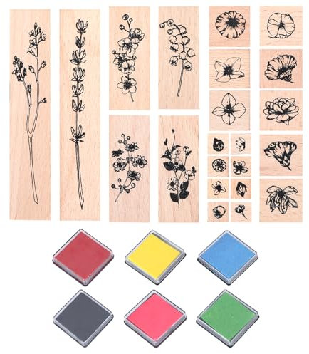 22 Stück Stempel Blumen Holzstempel Set Motivstempel mit 6 Stück Stempelkissen Stempel Selbst Gestalten PersonalisierterStempel Blumen GrasStempel Set für DIY Handgefertigtes KunsthandwerkStempel