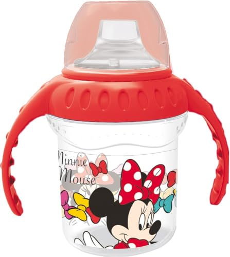 Tazza da viaggio in plastica originale Minnie 230 ml per bambini, facile da lavare e riutilizzabile, con ugello e manici facili da usare.