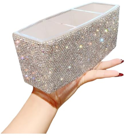 Bestbling Luxury Bling Triple-Compartment Acrylic Makeup Brush Pen Holder – Creative and Stylish Desk Organizer Storage Box for Eyebrow Pencils, Lipsticks (Silver)