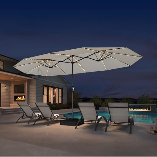 PURPLE LEAF Doppelsonnenschirm mit LED 455 x 270 cm, Sonnenschirm XXL, Oval Gartenschirm, Terrassenschirm mit Kurbel, UV Schutz, für Terrasse, Balkon, Café, Cream