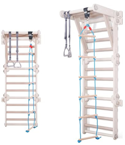 Sinbide Gimnasio Juego de Escalada, Gimnasio Infantil de Interior, Escalera Sueca Montessori, Muro de Barras, Muro de Gimnasia + Anillas de Gimnasia, Escalador para Niños (B)