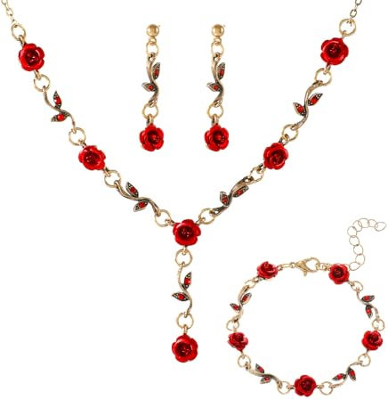 FDEETY 3 Teiliges Schmuckset Rosen Halskette Armband Ohrringe Blumen Schmuck Damen Elegant Hochzeit Abendkleid Accessoires