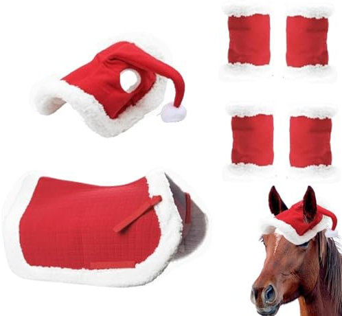 Weihnachtskostüme für Pferde zum Anziehen - Weihnachtskostüm Zubehör für Pferde - Stehwickel Weihnachtsmann Pferdemütze Sattelunterlage Protektoren Reitsport Dekoration für Weihnachten