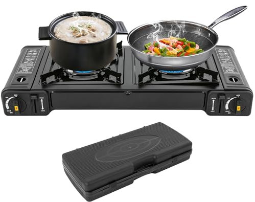 Fornello a gas da campeggio a 2 luci, in butano con conservazione, fornello portatile da campeggio, con accensione piezoelettrica automatica, bruciatore da campeggio GPL per camper, appartamenti,