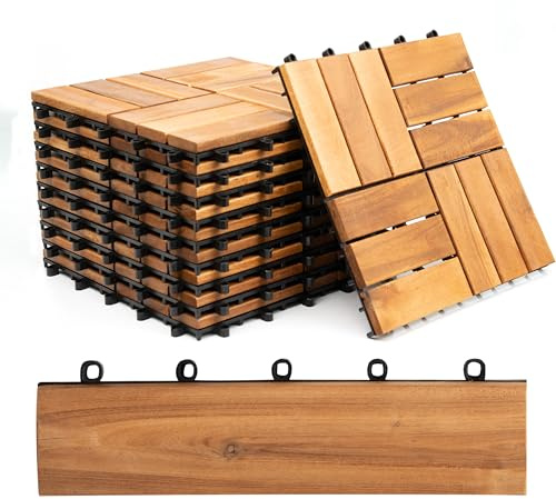 Crystals 12-Slat Hardwood Decking Tiles – 30x30cm Interlocking Floor Tiles for Patio, Balcony, Garden, or Hot Tub Deck – Includes 6 Deck Tiles & 8 Edges, Easy Installation, Great Durable Design