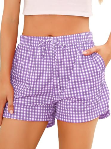 Wikoan Bas de Pyjama Femme Coton Court Pantalon de Nuit Été à Carreaux Short Pyjama Grande Taille avec Poches Violet Clair S
