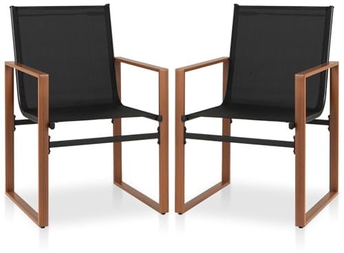 COSTWAY 2er Set Gartenstühle, Terrassenstühle mit atmungsaktiver Sitzfläche und Metallrahmen, Balkonstühle, Outdoor-Stühle bis 150 kg belastbar, für Garten, Balkon, Veranda (Schwarz)