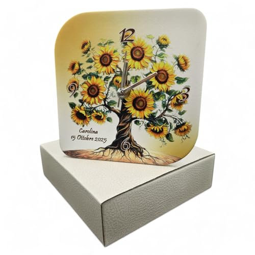 oggettando Orologio Albero della Vita GIRASOLI PERSONALIZZABILE in Scatola da Bomboniera Utile Matrimonio, Nascita, Battesimo, Comunione, Laurea, Cresima, 18, 25 e 50 anni, Anniversari (12x12)