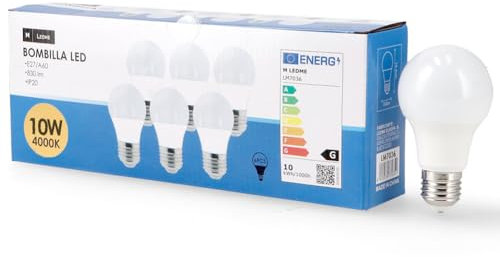 M Ledme - Confezione da 6 lampadine LED E27 A60 10W, luce neutra (4000k), attacco E27, 820 lumen, IP20, apertura fascio luminoso 200°, efficienza energetica e basso consumo. Modello LM7611