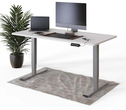 DESKSPACE PRO Plus Elektrisch höhenverstellbarer Schreibtisch - Ergonomischer Stehpult mit Memoryfunktion Kollisionschutz (Graues Gestell, Weiße Tischplatte, 160 x 80 cm)