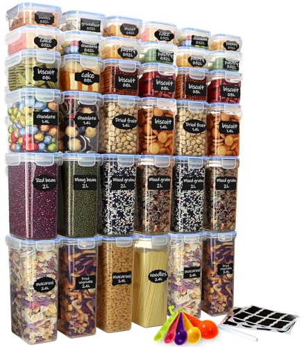 Ordeluxe Juego de 36 recipientes para alimentos con tapas universales – 5 tamaños, ideal para pasta de 25 cm de largo, hermético, sin BPA – Incluye 4 medidores y 40 etiquetas