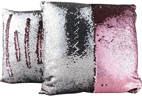 Jungengel 4er Set Pailletten Kissenbezüge 40x40 cm – Bi-Color Glitzerkissen – Dekokissen für Sofa & Bett (Silber & Rose)