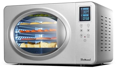 Essiccatore alimentare in acciaio inox Bolkani, 6 vassoi, 500 W, display LED, 30–90 °C, timer 24 ore, funzionamento silenzioso, include vassoio raccogligocce e tappetino essiccante per frutta e carne