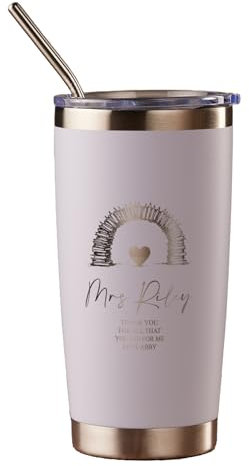 ukgiftstoreonline Personalised Teacher Gift Engraved Thermal Travel Mug with Books and Pencil Rainbow