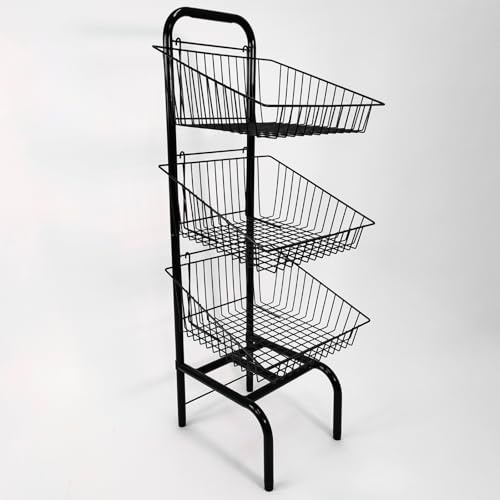 3 Tier Basket Stand – Freestanding Wire Display Rack for Bread, Snacks, Clothes & Toys – Durable Nylon-Coated Merchandising Unit – 1170mm Tall