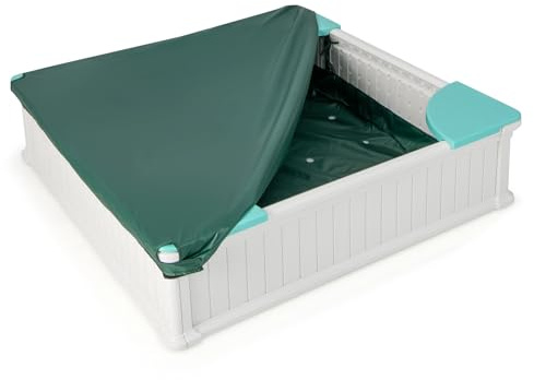 RELAX4LIFE Sabbiera Quadrata Per Bambini 123,5 X 123,5 X 31,5 Cm Con Copertura Impermeabile, Dai 3 Anni In Su Con 4 Posti Ad Angolo, Sabbiera Da Esterno Per Il Giardino, Prato (Bianco)
